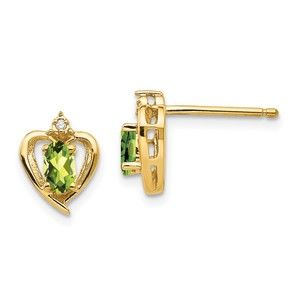 14k Yellow Gold Peridot August Birthstone and Diamond Heart Ladies Earrings